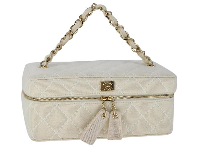 Bolso CHANEL Vanity Chain Wild Stitch de algodón blanco CC Auth 104339AV