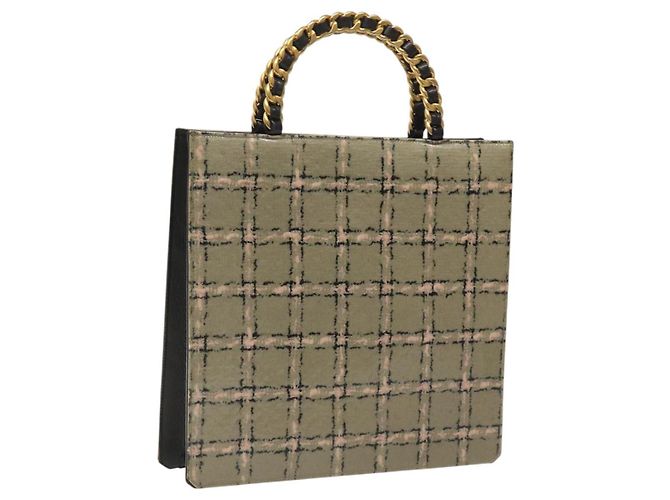 CHANEL Bolso de Mano Choco Bar con Cadena de Cuero Esmaltado Beige CC Auth bs23554V