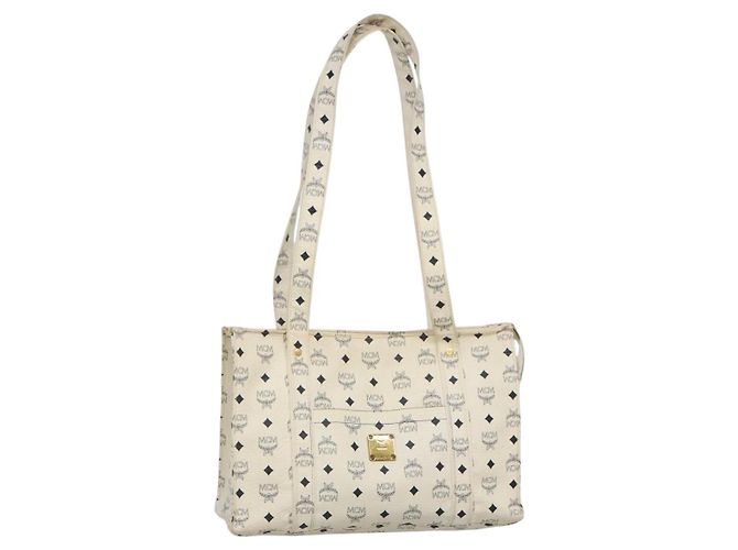 Bolsa de Ombro MCM Logogram Vicetos em Couro PVC Branco e Ouro Auth BA3867 Dourado