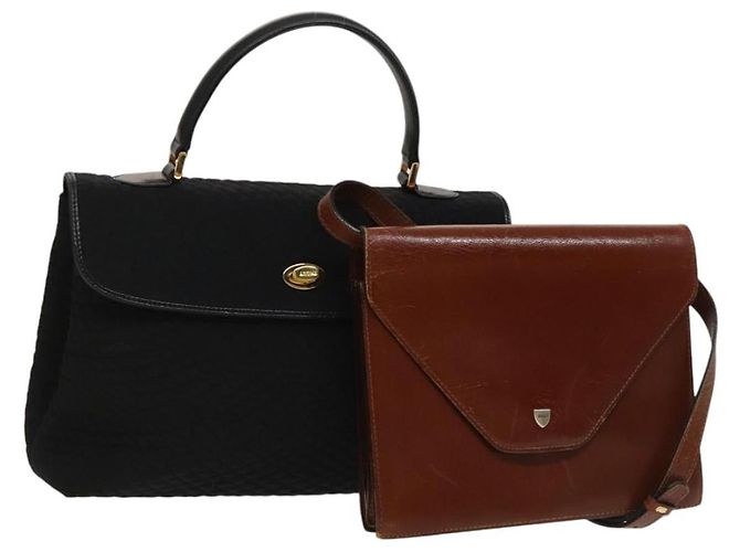 BALLY Bolsa de Ombro de Couro 2 Conjuntos Preto Marrom Auth BA3726