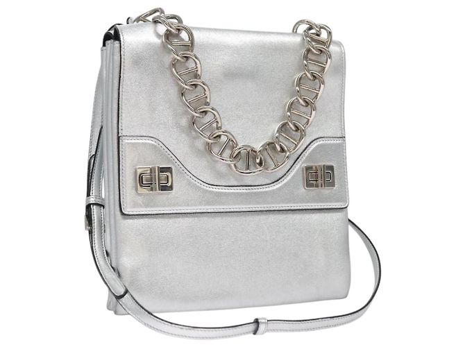 Bolsa de mão em couro PRADA com corrente 2 em 1 Prata Auth BD055AV