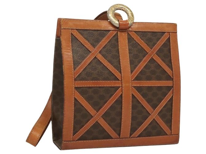 Céline Bolsa de ombro em lona Macadam CELINE em couro PVC marrom dourado Auth 131477