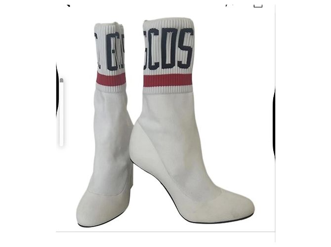 GCDS White Fabric Ankle Boots with Silver Heel