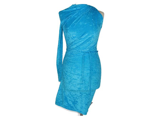 Balenciaga Vestido de veludo azul com drapeado em uma shoulder