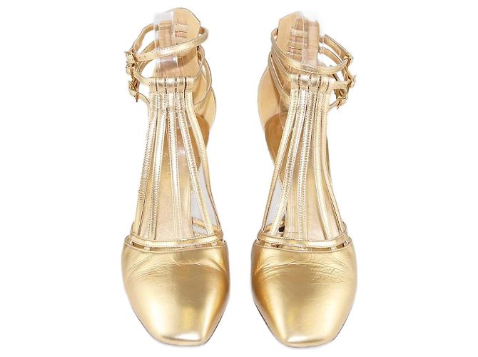 Chanel Gold Interlocking CC Logo T Strap Pumps Golden