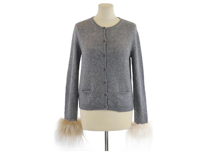 Grauer Strick-Cardigan mit Schafslederbesatz von Prada