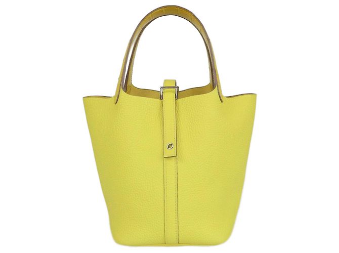 Bolsa Picotin Lock 18 em jacaré Mimosa/Lime e couro Clémence da Hermès Dourado