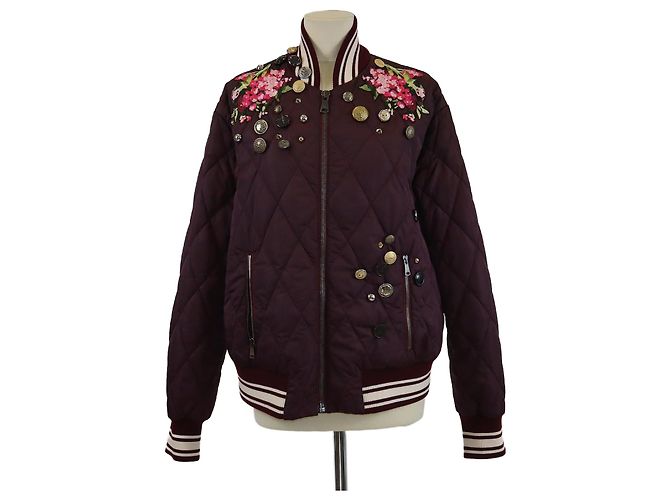 Dolce & Gabbana Maroon Quilted Embroidered Button Studded Bomber Jacket Brown