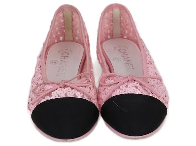 Bailarinas Chanel de punta cap toe rosa/negro con lazo