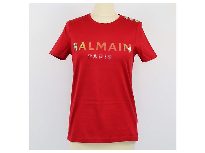 Camiseta con estampado de logo rojo Balmain y detalles de botones