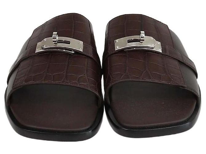 Hermès Sandali Gabriel in alligatore marrone scuro/nero Hermes