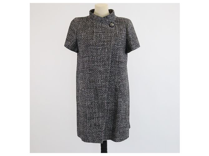 Chanel Grey/Blue Textured Double Breasted Short Sleeve Coat
