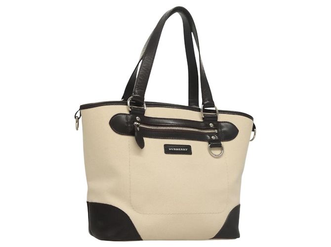 Bolsa Tote Burberry em lona e couro branco prateado Auth bs28323