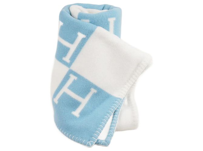 Couverture bébé Hermès Avalon Cachemire Laine Blanc Bleu 