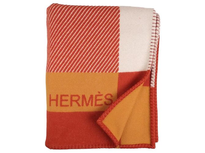 Hermès Avalon Decke Kaschmir Wolle Weiß Rot Orange