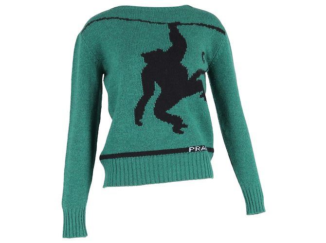 Pull en cachemire vert avec motif singe de Prada
