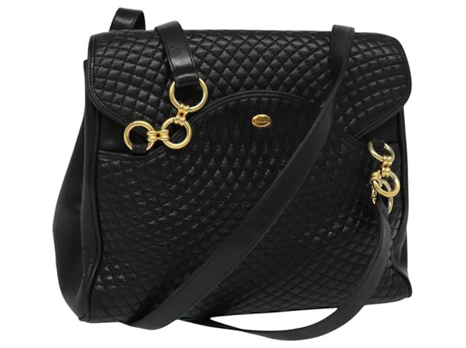 BALLY Bolsa de Ombro de Couro Matelassada com Corrente Preto Dourado Auth BA4040