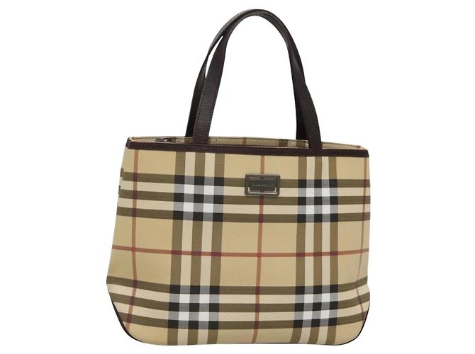 BURBERRY Nova Check Handtasche aus PVC Beige Silber Auth ki5862