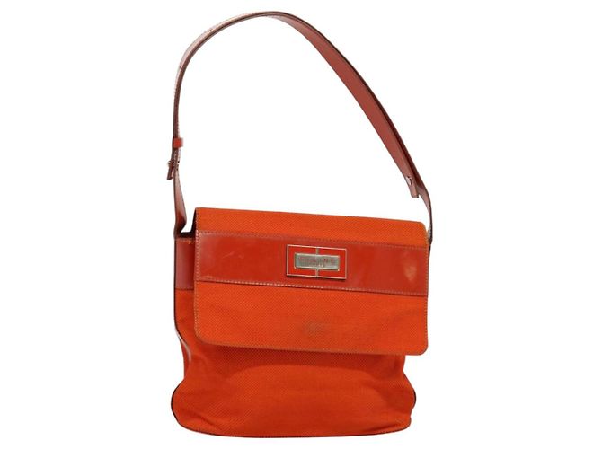 Céline CELINE Shoulder Bag Canvas Orange Silver Auth sw1304 Silvery