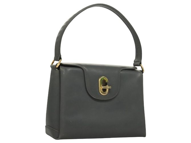 Gucci Bolsa de mão em couro cinza prateado Auth mr1461 Marrom Prata