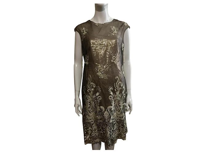 Marchesa Vestido de renda bordada e brocado em dourado e preto Metálico
