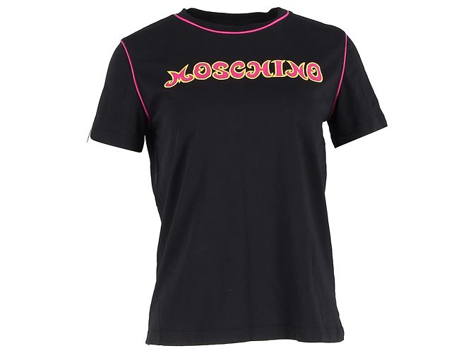 Camiseta de algodão preta com logo bordado Moschino