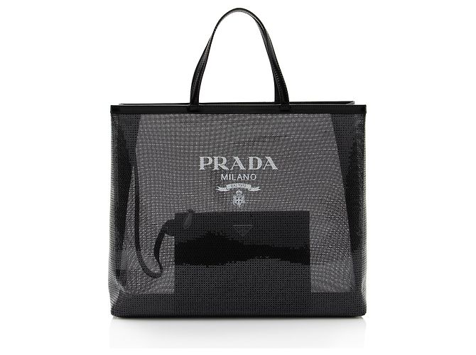 Prada Sequin Mesh Logo Large Tote Black