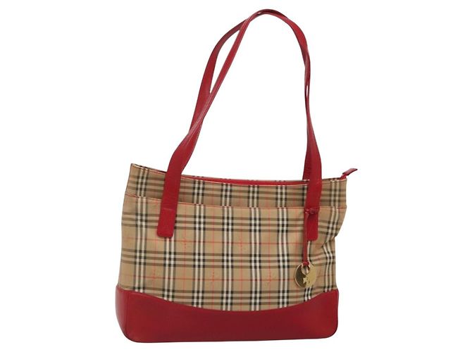 Bolsa Tote Nova Check Burberry em Lona Bege Vermelha Ouro Auth 132521 Vermelho Dourado