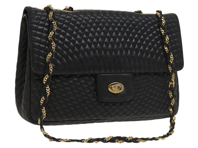 BALLY Bolsa de Ombro com Corrente Couro Preto Dourado Auth 133026