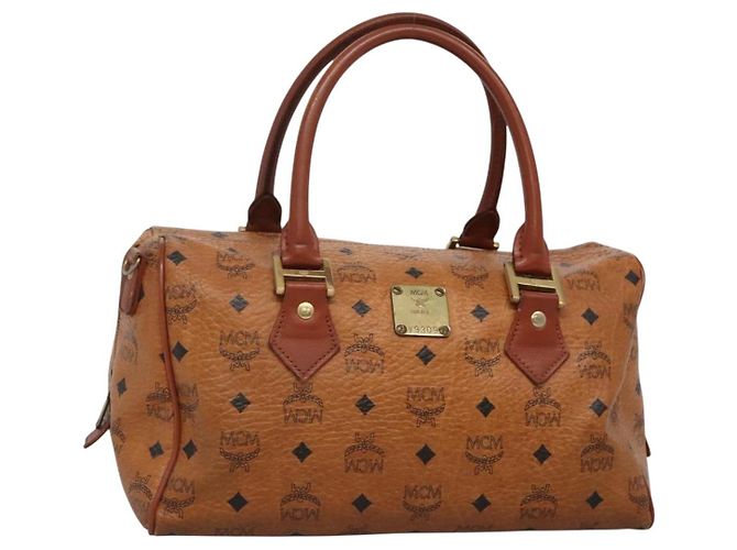 Bolsa Boston MCM Logogram Vicetos em couro PVC marrom e dourado Auth BA4039