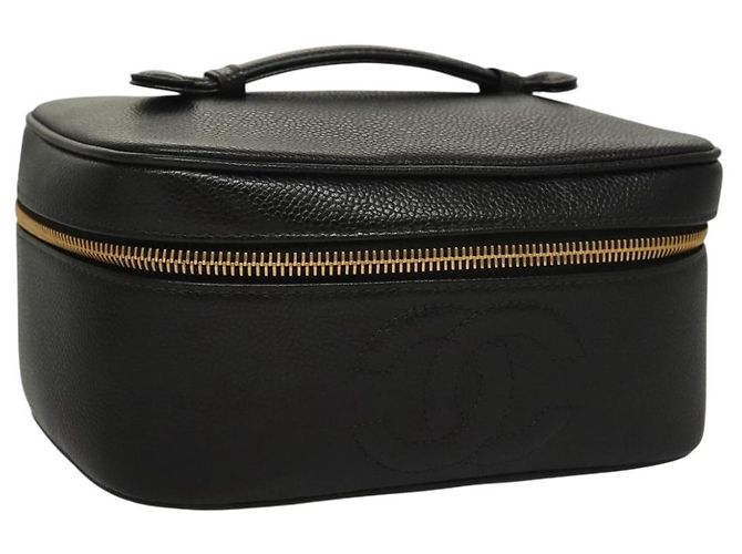 CHANEL COCO Marca Pochete Vanity Couro Caviar Preto Ouro CC Auth 134647 Dourado