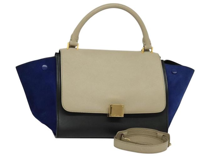 Céline Bolsa de mão Trapeze em couro 2 em 1 bege ouro Auth BA4167 Dourado