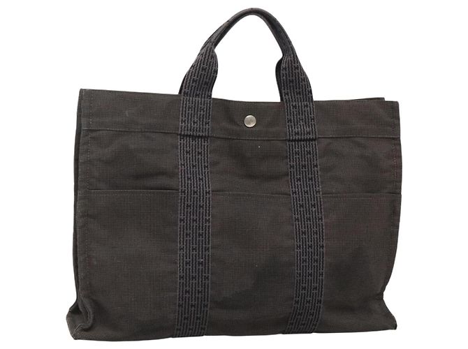 Hermès HERMES Bolsa Tote Her Line Lona Cinza Prata Auth 132562 Marrom