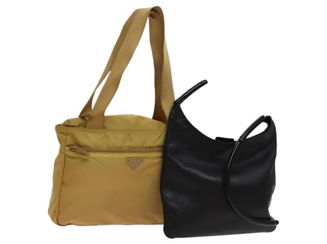 PRADA Borsa a Mano Pelle Nylon 2Set Nero Beige Argento Auth bs28219
