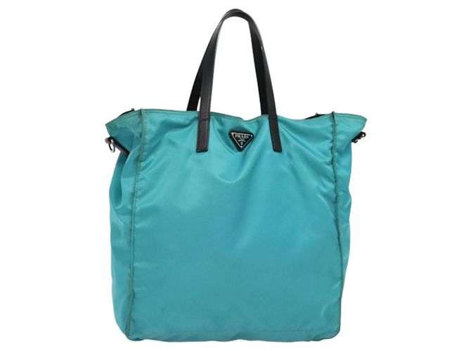 PRADA Tote Bag Nylon Blue Silver Auth mr1463 Silvery