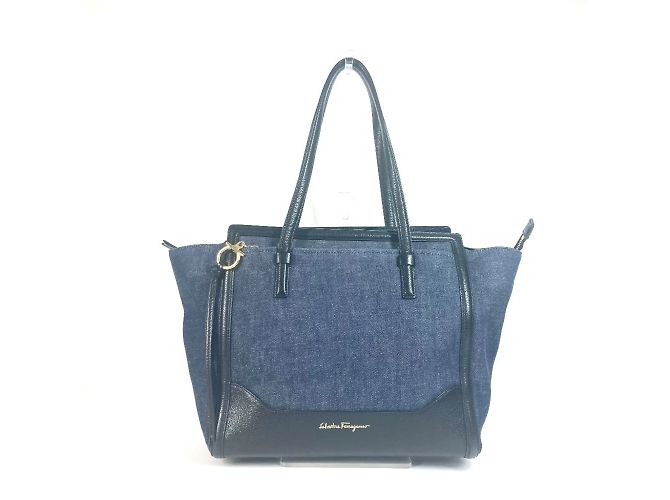 Borsa in denim e pelle Salvatore Ferragamo Nero Blu