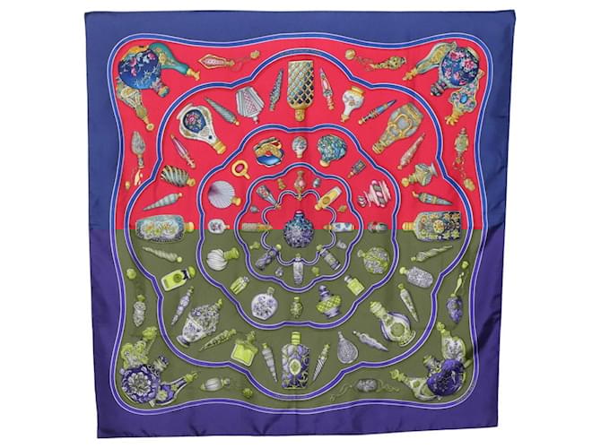Hermès HERMES Carré 90 Écharpe "Qu'importe le flacon" Soie Rouge Bleu Auth BA3716  ref.2400157