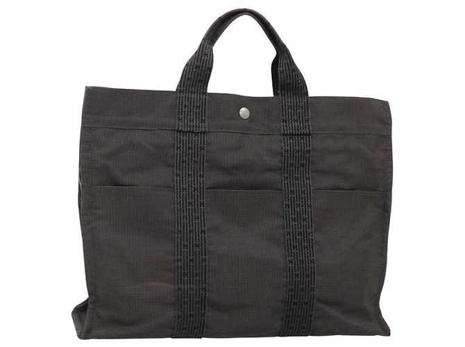 Hermès HERMES Her Line MM Tote Bag Canvas Gray Silver Auth 132513