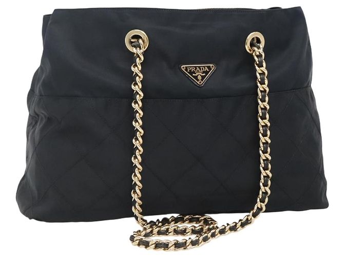 Borsa a Spalla con Catena PRADA in Nylon Blu Navy Oro Auth sw1307 D'oro