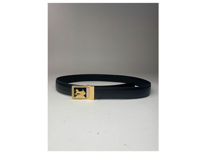 Céline Cinto de couro preto com logo de carruagem vintage Celine
