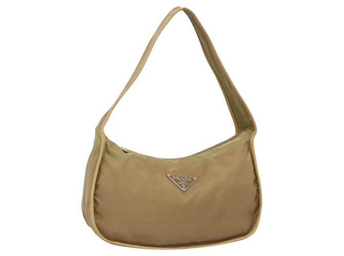 PRADA Schultertasche aus Nylon Leder Braun Silber Authentisch 132575