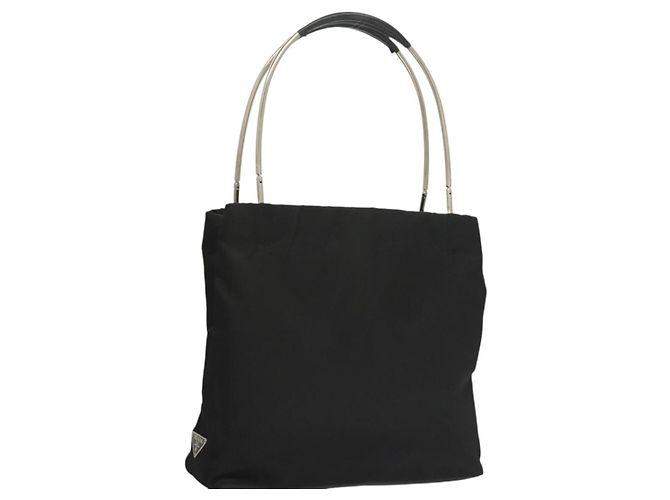PRADA Sac à main en nylon noir argent Auth sw1295 Argenté
