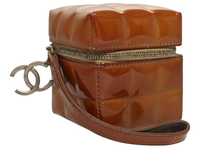 CHANEL Choco Bar Cube Tasche Aus lackiertem Leder Braun Silber CC Auth mr1474