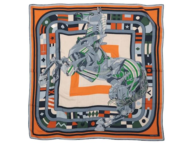 Hermès Carré 100 "ROBOCABAR" Cashmere and Silk Scarf in Blue x Orange  ref.2402933