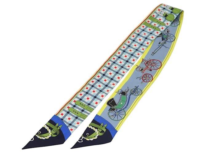 Hermès HERMES Twilly Écharpe "Les Voitures Nouvelles" Soie Bleue Auth 133637  ref.2404594