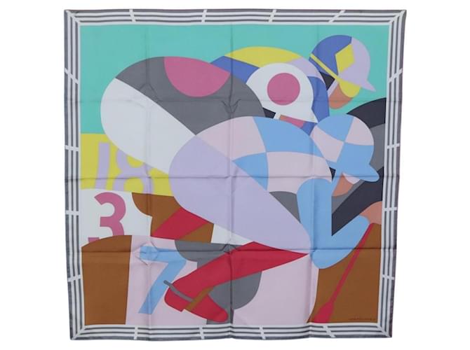 Hermès Écharpe HERMES Carré 90 ""18-3-7"" Soie Grise Auth 133739 Marron  ref.2404634