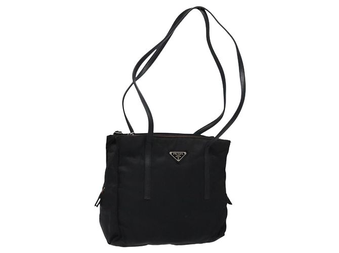 PRADA Tote Bag Nylon Leather Black Silver Auth ki5841 Silvery
