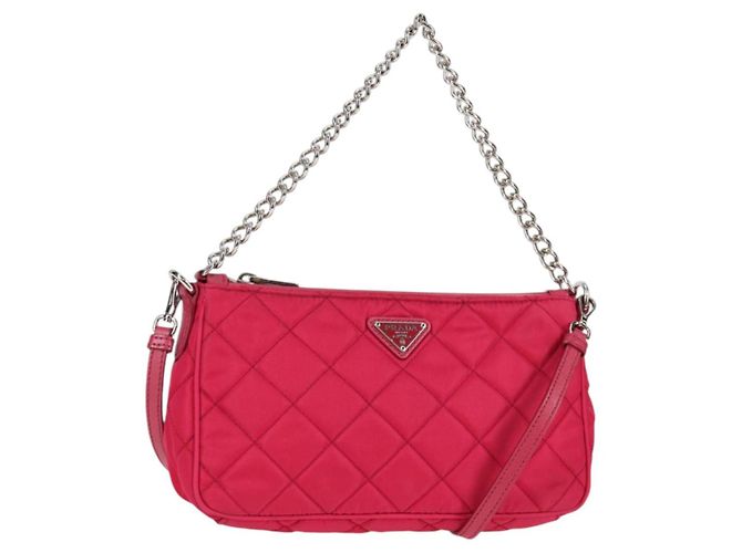 PRADA Bolsa de Mão com Corrente Nylon 2em1 Rosa Prata Auth 135510V