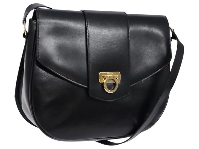 Borsa a Spalla Gancini in Pelle Nera e Oro Auth BA4219 di Salvatore Ferragamo Nero D'oro