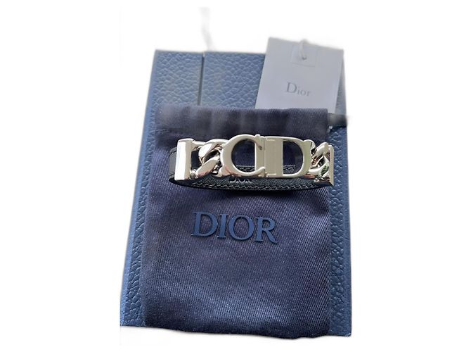 Pulseira Christian Dior de Couro e Prata Preta Preto Hardware prateado